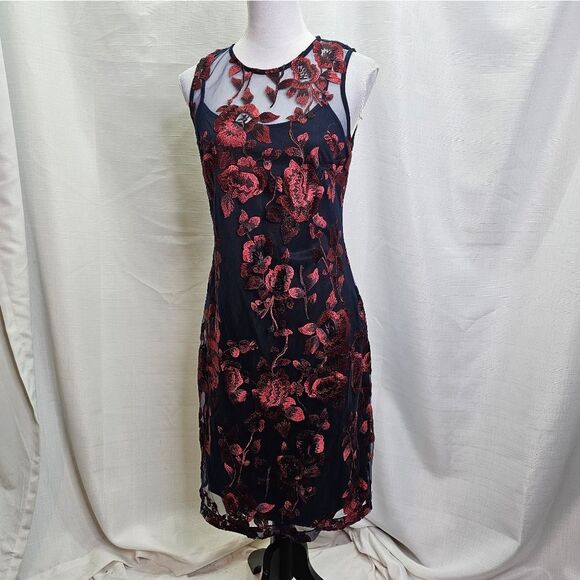 Donna Ricco Blue and Red Floral Embroidered Sheath Dress Size 8 - Picture 3 of 12